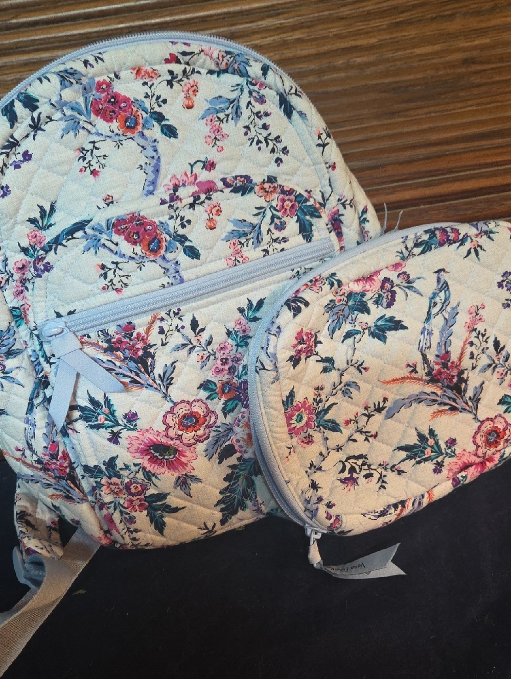Floral Quilted Backpack and Pouch - Light Blue Floral